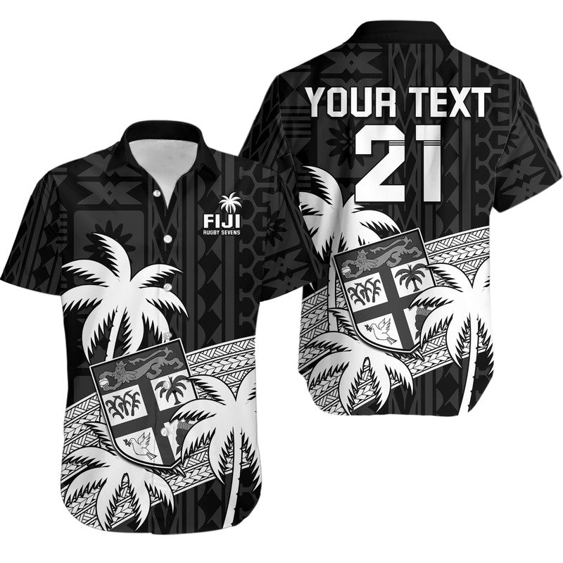 Custom Text And Number Fiji Rugby Sevens Hawaiian Shirt Tapa Palm Tree and Fijian Coat of Arms