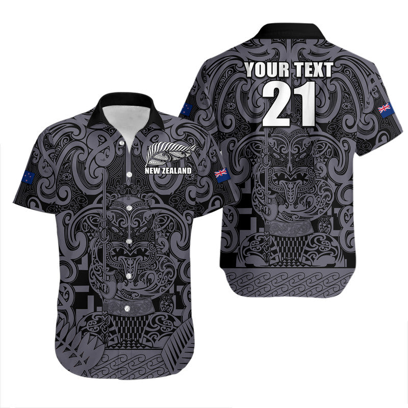 Custom Text And Number New Zealand Taiaha Maori Hawaiian Shirt Minimalist Silver Fern All Black