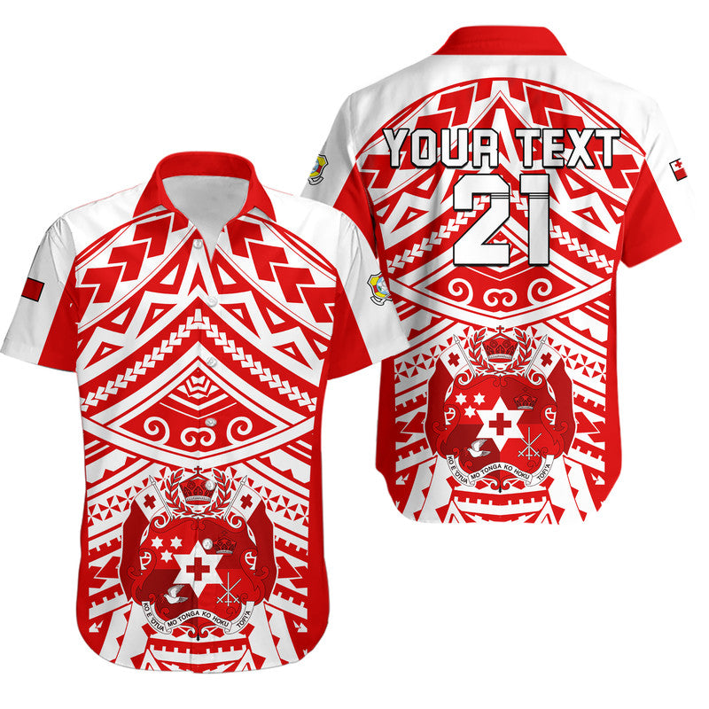 Custom Text And Number Tonga Rugby Sevens Hawaiian Shirt Coat of Arms Tribal Polynesian Pattern