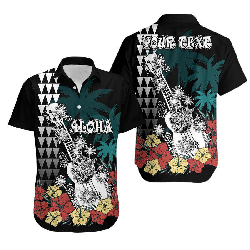 Custom Personalised Hawaii Ukulele Mix Hibiscus and Coconut Tree Hawaiian Shirt Aloha Vintage Black Version