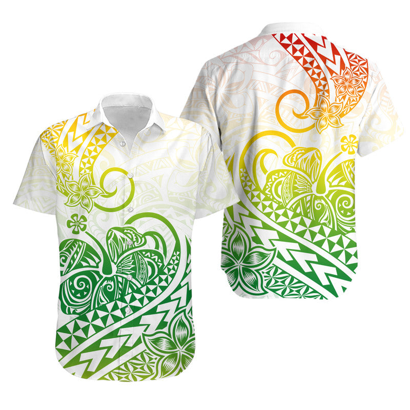 Hawaii Matching Outfits For Couples Polynesian Tribal Tattoo Retro Couple Off Long Dress and Hawaiian Shirt Gradient 02 Screen Color
