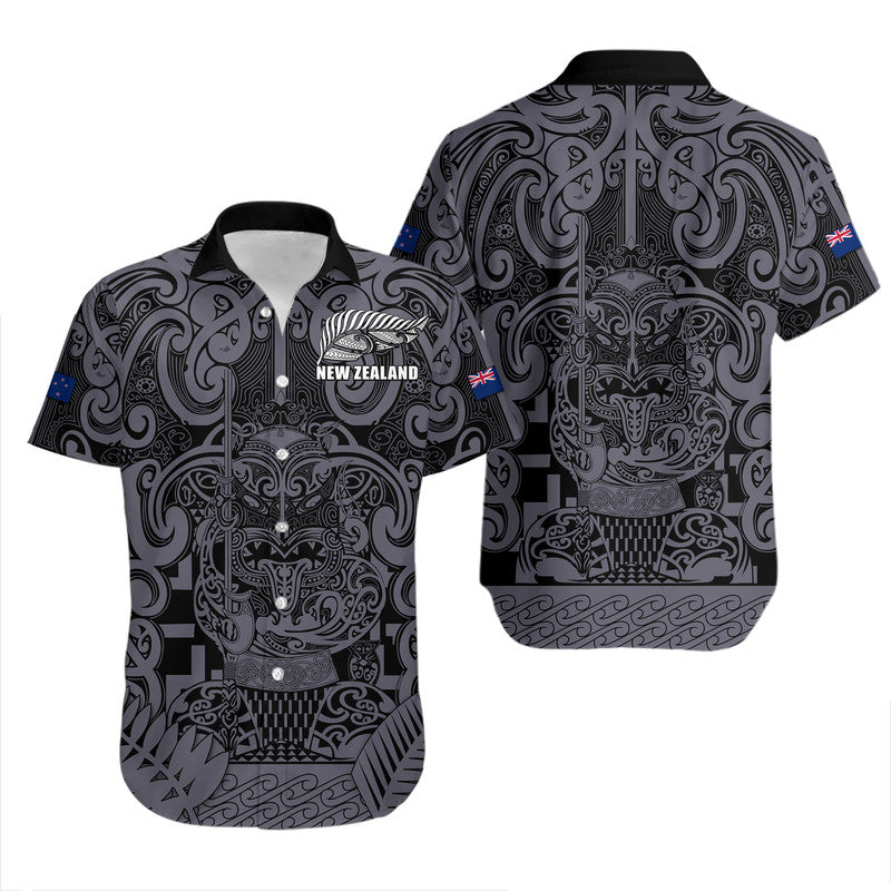 New Zealand Taiaha Maori Hawaiian Shirt Minimalist Silver Fern All Black