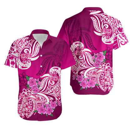 Matching Hawaiian Outfits For Couples Polynesian Floral Tribal Couples Long Dress and Hawaiian Shirt Pink