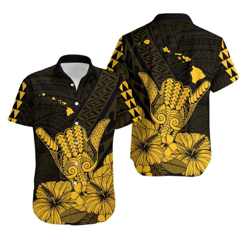 Hawaii Matching Clothes For Couples Hawaii Shaka Sign Couple Long Dress and Hawaiian Shirt Gold Version