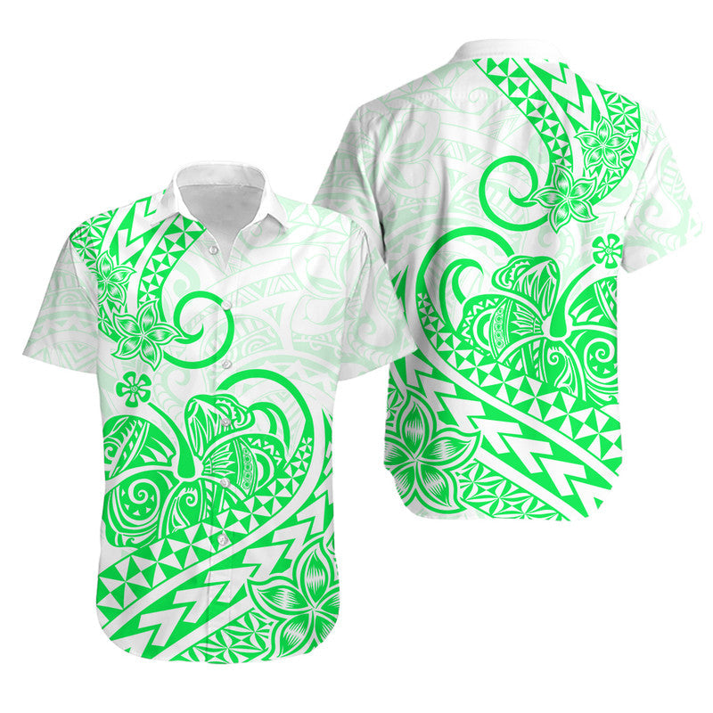 Hawaii Matching Outfits For Couples Polynesian Tribal Tattoo Retro Couple Off Long Dress and Hawaiian Shirt Green Screen Color