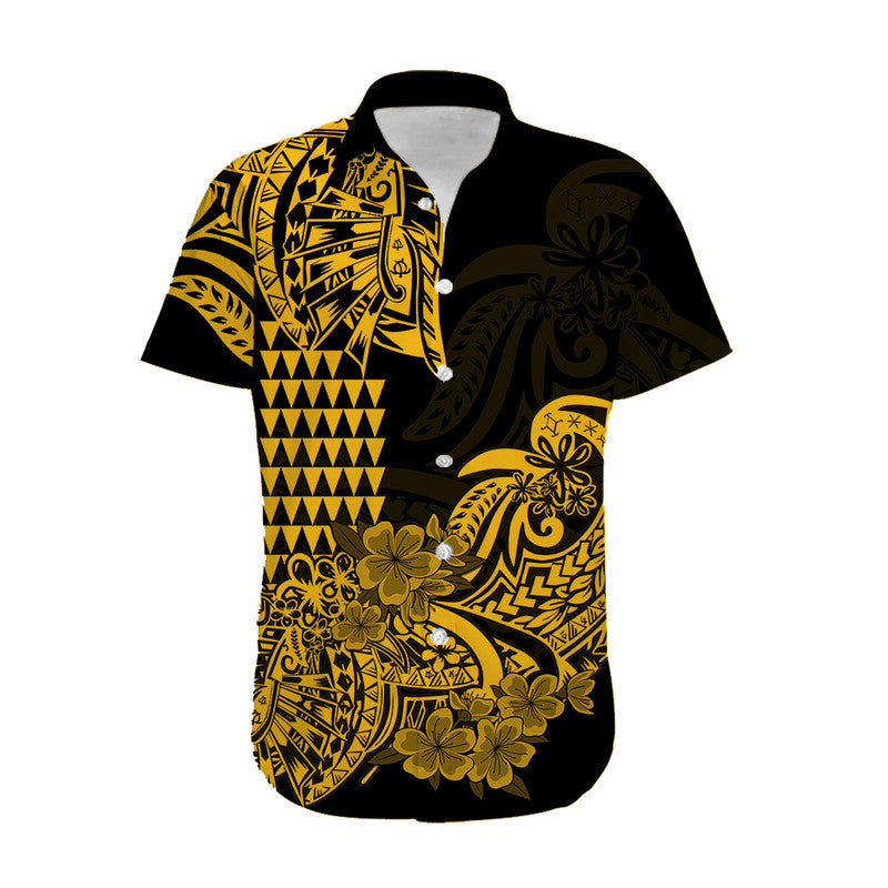Hawaii Matching Clothes For Couples Hawaii Kakau Couple Women Off Shoulder Long Dress and Hawaiian Shirt Polynesian Floral Tribal Gold Version