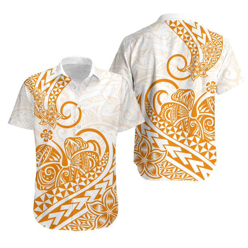 Hawaii Matching Outfits For Couples Polynesian Tribal Tattoo Retro Couple Off Long Dress and Hawaiian Shirt Gold Screen Color