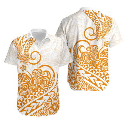 Hawaii Matching Outfits For Couples Polynesian Tribal Tattoo Retro Couple Off Long Dress and Hawaiian Shirt Gold Screen Color