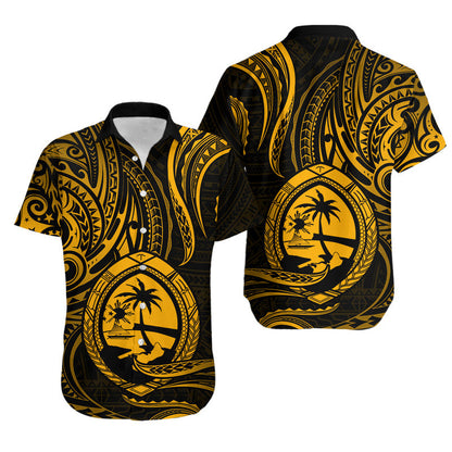 Matching Outfits For Couples Polynesian Guam With Polynesian Tribal Tattoo and Coat of Arms Gold Version