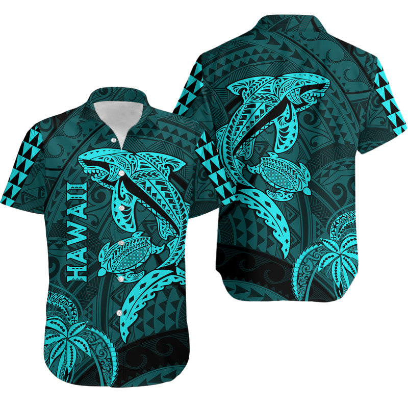 Custom Personalised Hawaii Hawaiian Shirt Shark and Turtle Mix Kakau Turquoise