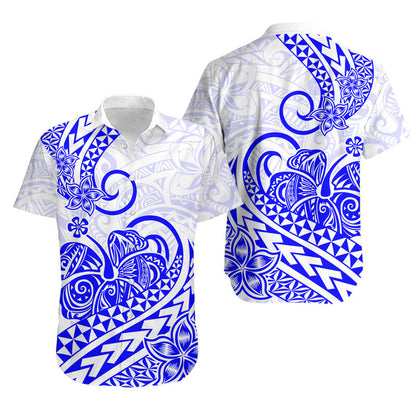 Hawaii Matching Outfits For Couples Polynesian Tribal Tattoo Retro Couple Off Long Dress and Hawaiian Shirt Blue Screen Color