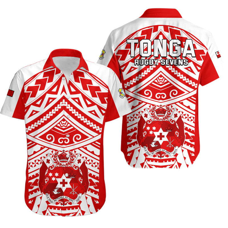 Tonga Rugby Sevens Hawaiian Shirt Coat of Arms Tribal Polynesian Pattern