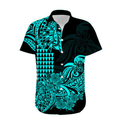 Hawaiian Matching Outfits For Couples Hawaii Kakau Couple Women Off Shoulder Long Dress and Hawaiian Shirt Polynesian Floral Tribal Aqua Version