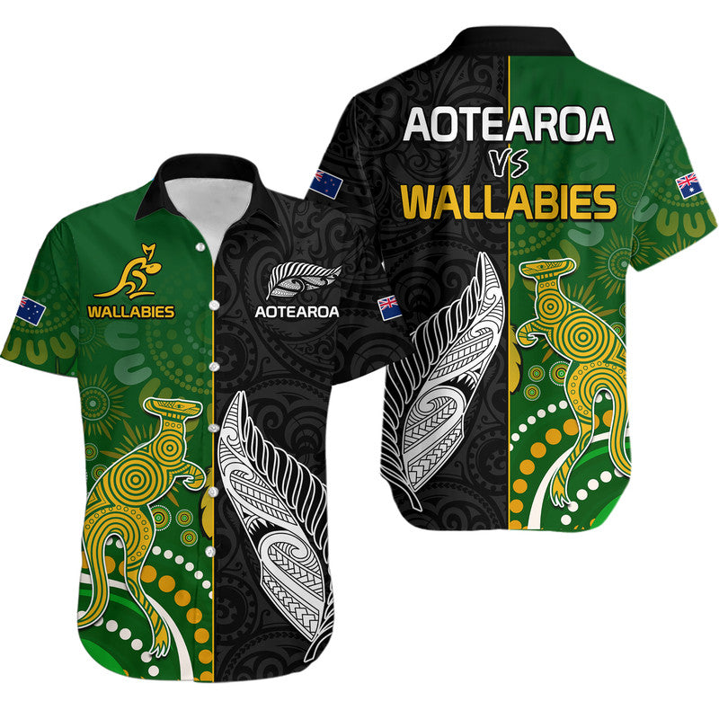 Aotearoa Rugby All Black Combine Australia Wallabies Hawaiian Shirt Aboriginal Kangaroo And Maori Fern