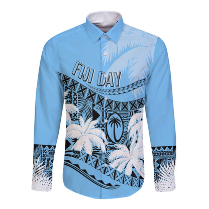 Personalised Fiji Day Long Sleeves Button Shirt Flying Fijians Masi Kesa Style Turquoise