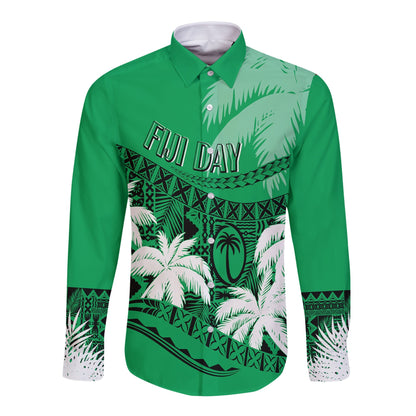 Personalised Fiji Day Long Sleeves Button Shirt Flying Fijians Masi Kesa Style Green