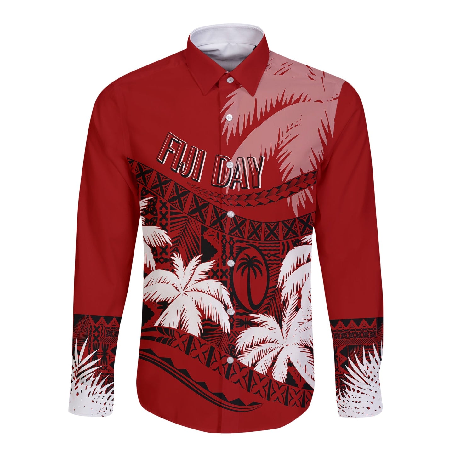 Personalised Fiji Day Long Sleeves Button Shirt Flying Fijians Masi Kesa Style Red