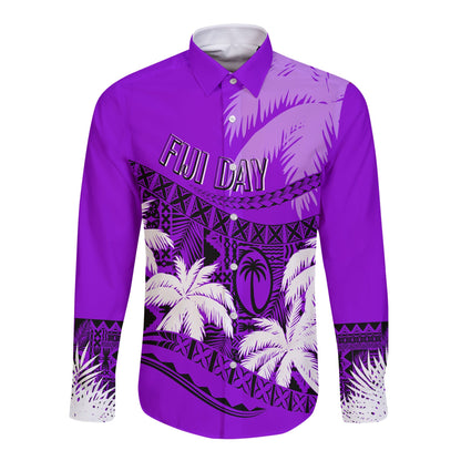 Personalised Fiji Day Long Sleeves Button Shirt Flying Fijians Masi Kesa Style Violet
