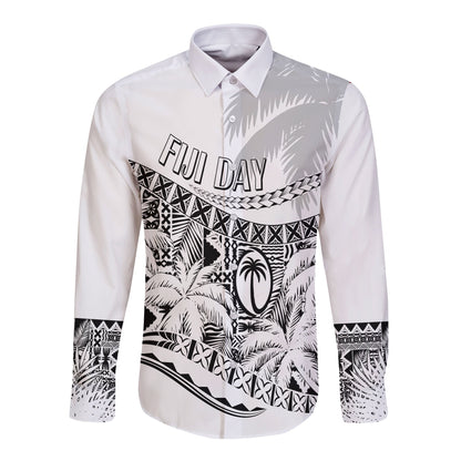 Personalised Fiji Day Long Sleeves Button Shirt Flying Fijians Masi Kesa Style White