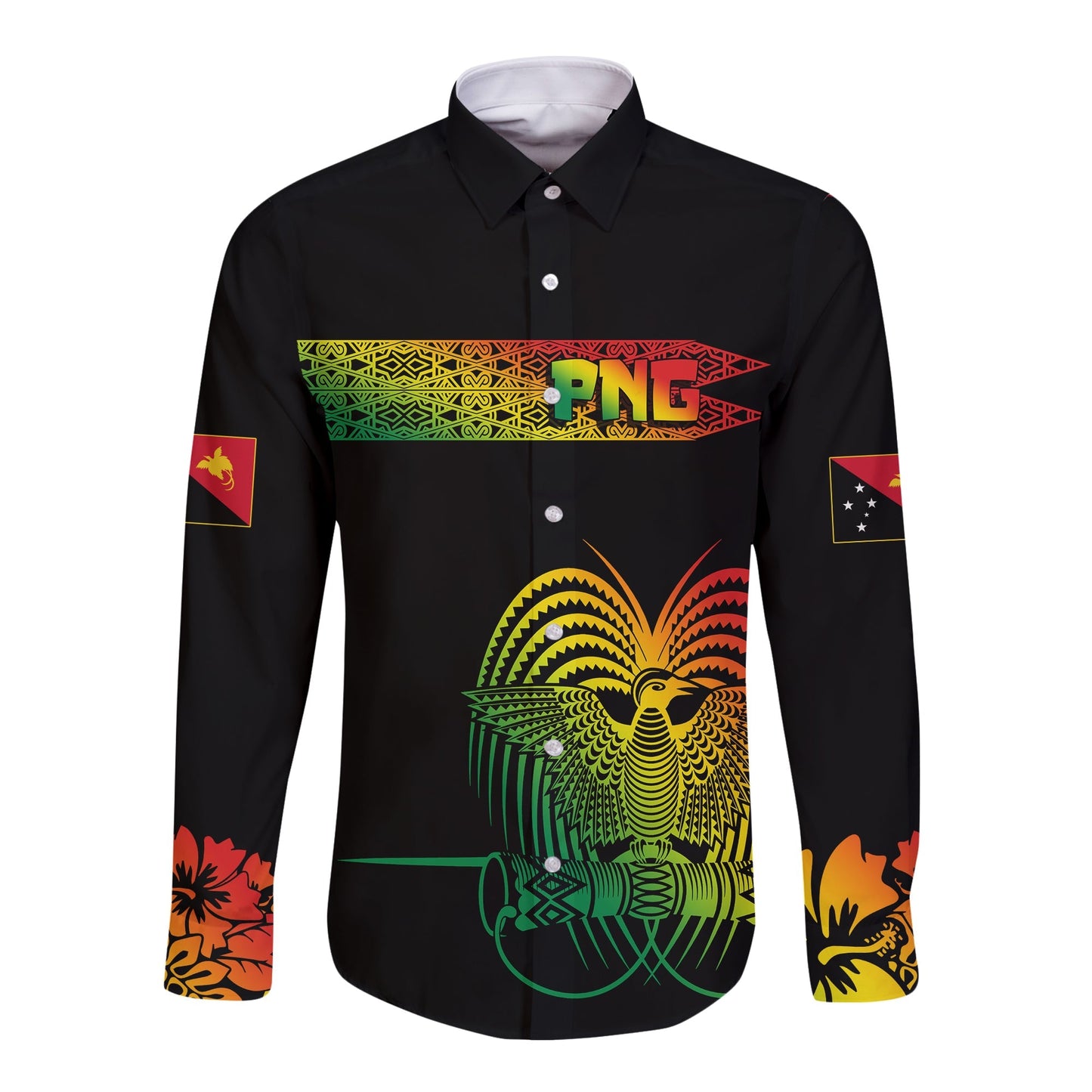 PNG Hibiscus Tribal Pattern Long Sleeves Button Shirt Motuan Reggae Color