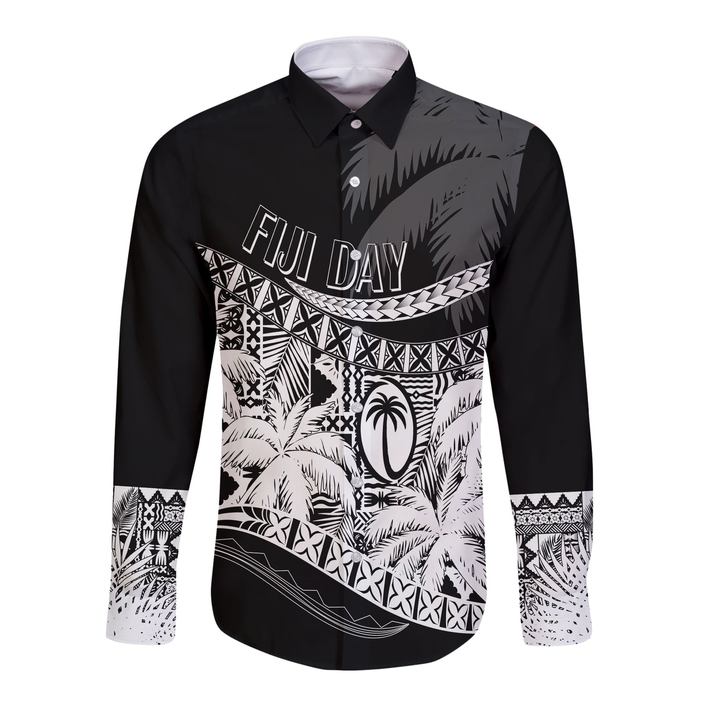 Personalised Fiji Day Long Sleeves Button Shirt Flying Fijians Masi Kesa Style Black