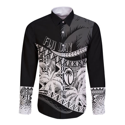 Personalised Fiji Day Long Sleeves Button Shirt Flying Fijians Masi Kesa Style Black