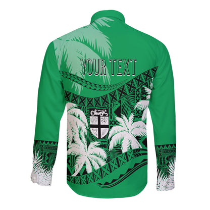 Personalised Fiji Day Long Sleeves Button Shirt Flying Fijians Masi Kesa Style Green