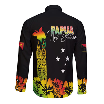 PNG Hibiscus Tribal Pattern Long Sleeves Button Shirt Motuan Reggae Color