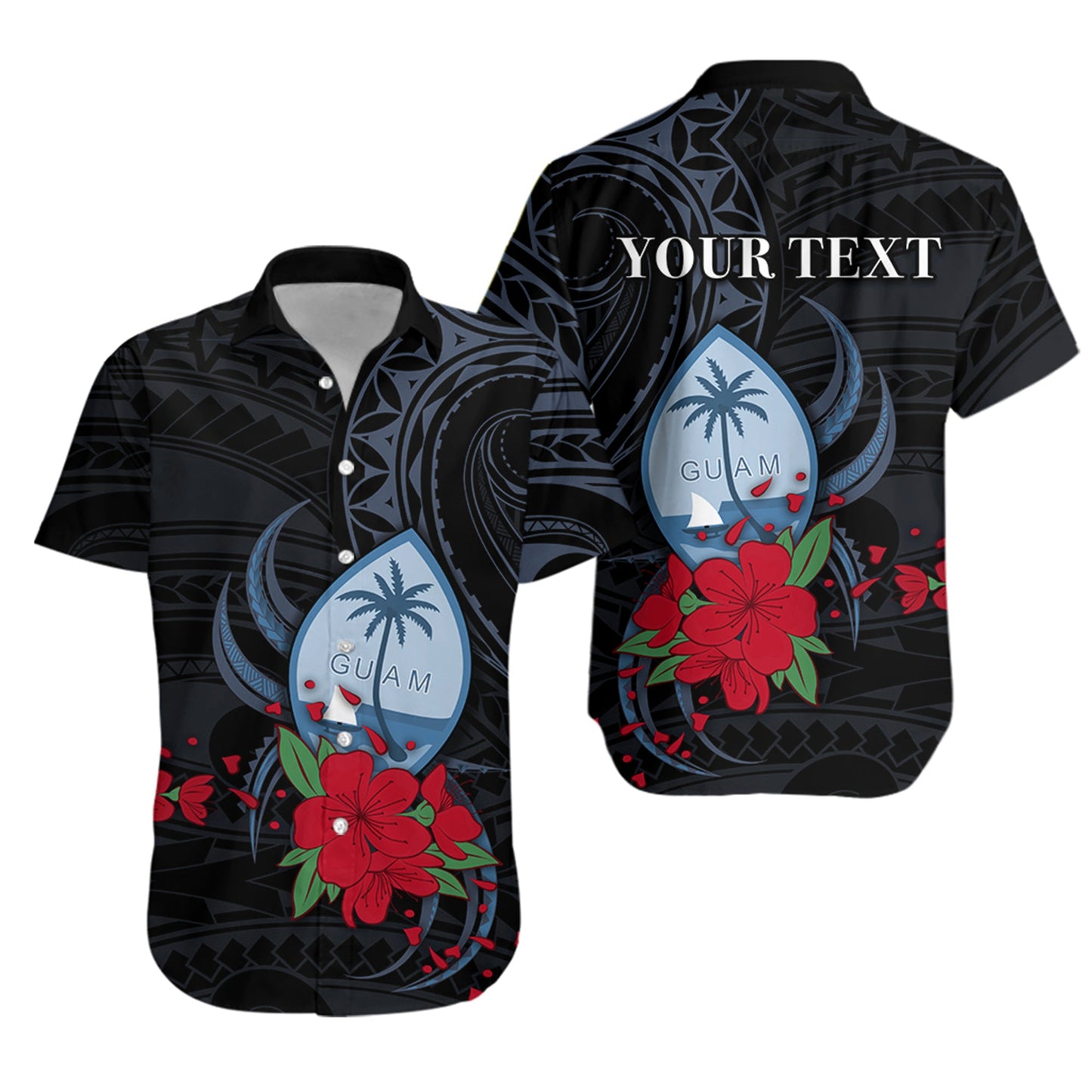 Custom Personalised Guam Hawaiian Shirt Polynesian Flowers Version Black