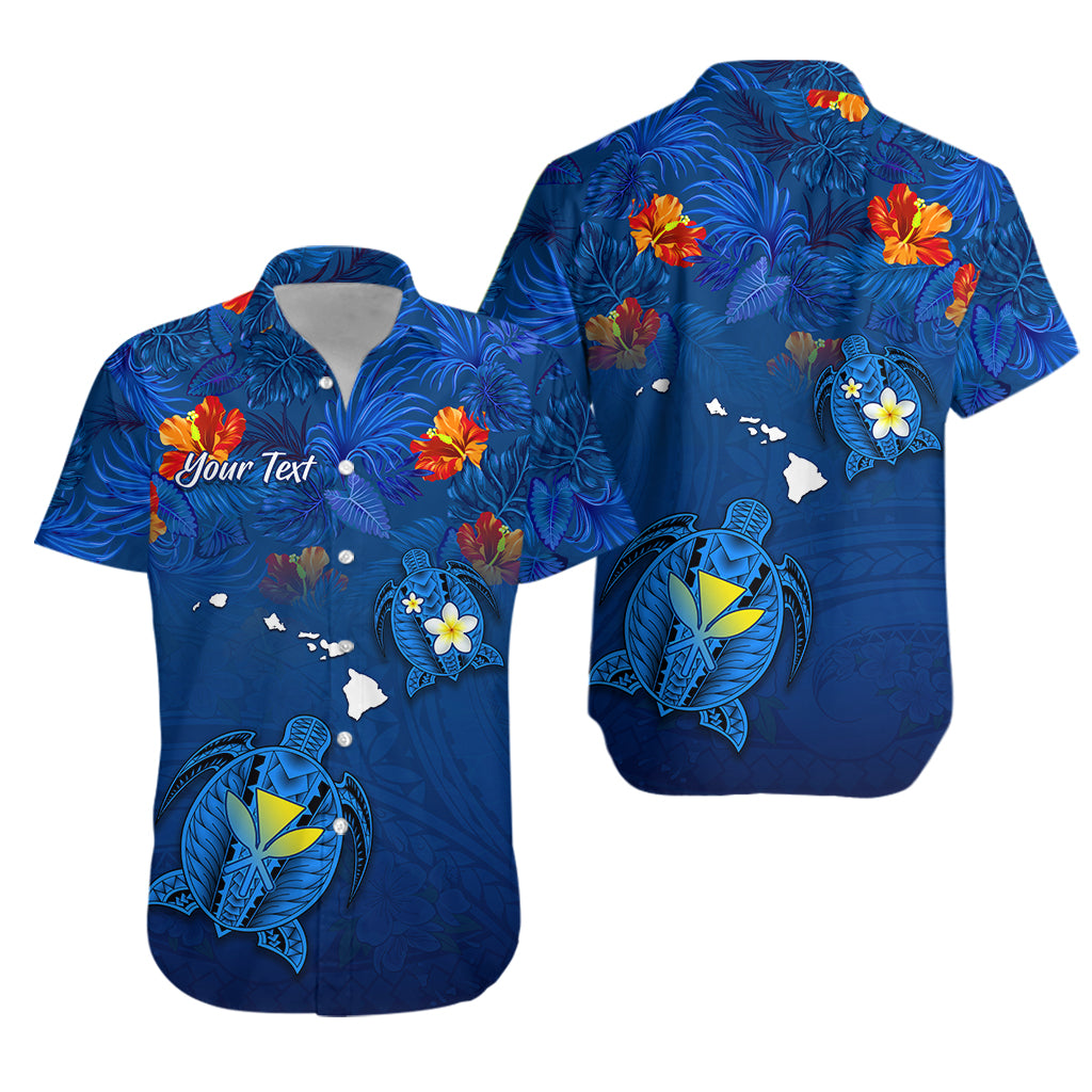Custom Personalised Hawaiian Islands Hawaiian Shirt - Hawaii Tropical Flowers and Turtles Blue