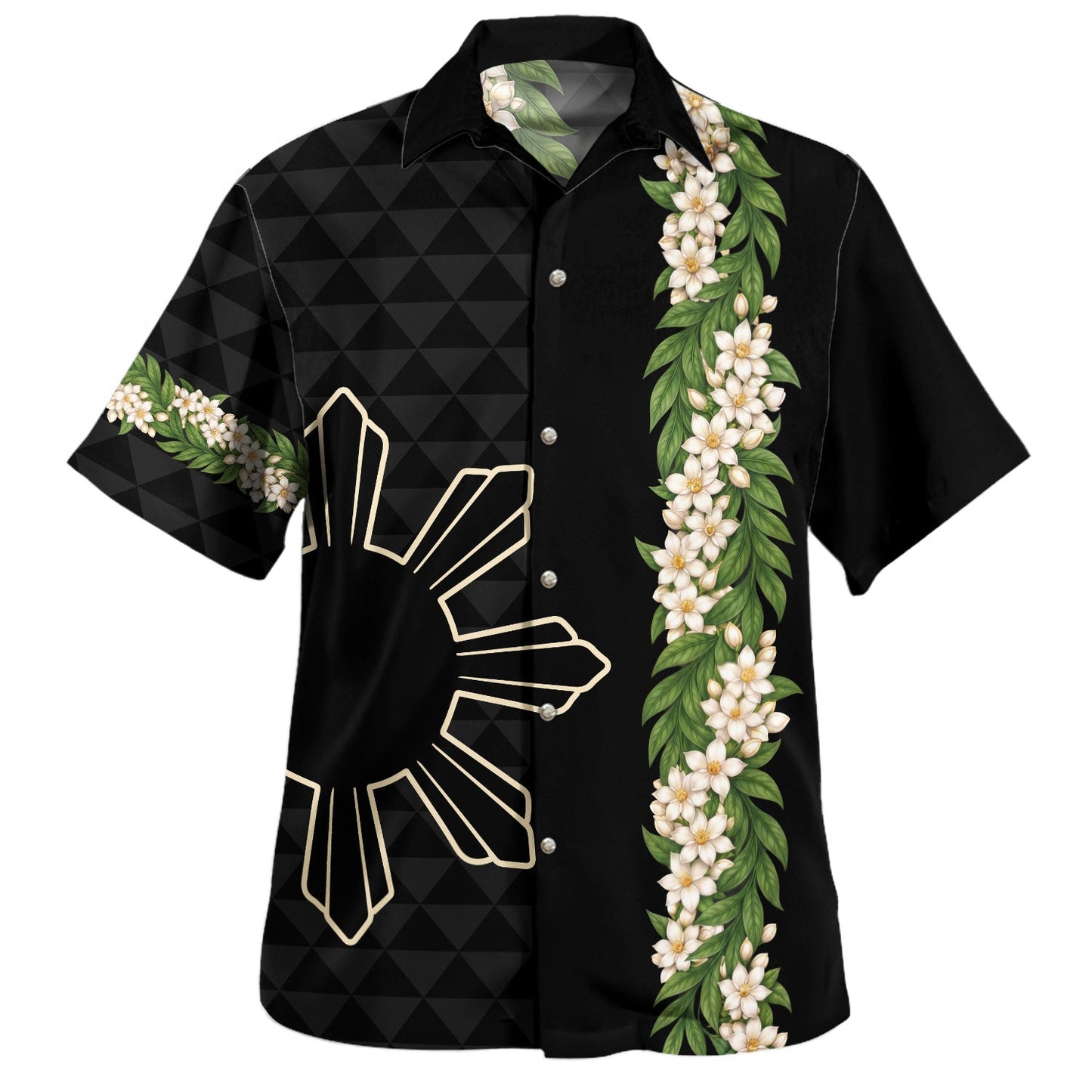 Philippines Filipinos Hawaiian Shirt Sampaguita Flower Sun Pattern Island Style Black Hawaii Shirt