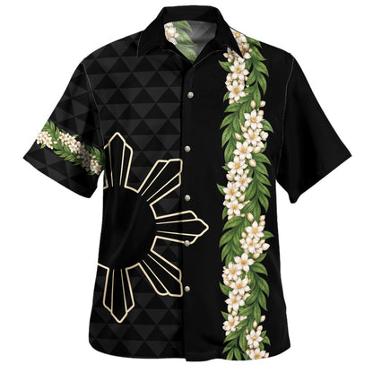 Philippines Filipinos Hawaiian Shirt Sampaguita Flower Sun Pattern Island Style Black Hawaii Shirt