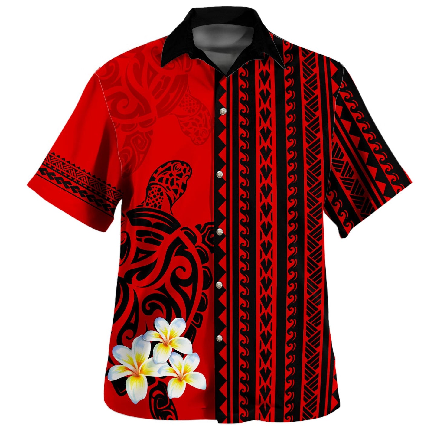 Polynesian Hawaiian Shirt Tribal Polynesian Turtle Plumeria Flowers Short Sleeve Shirt