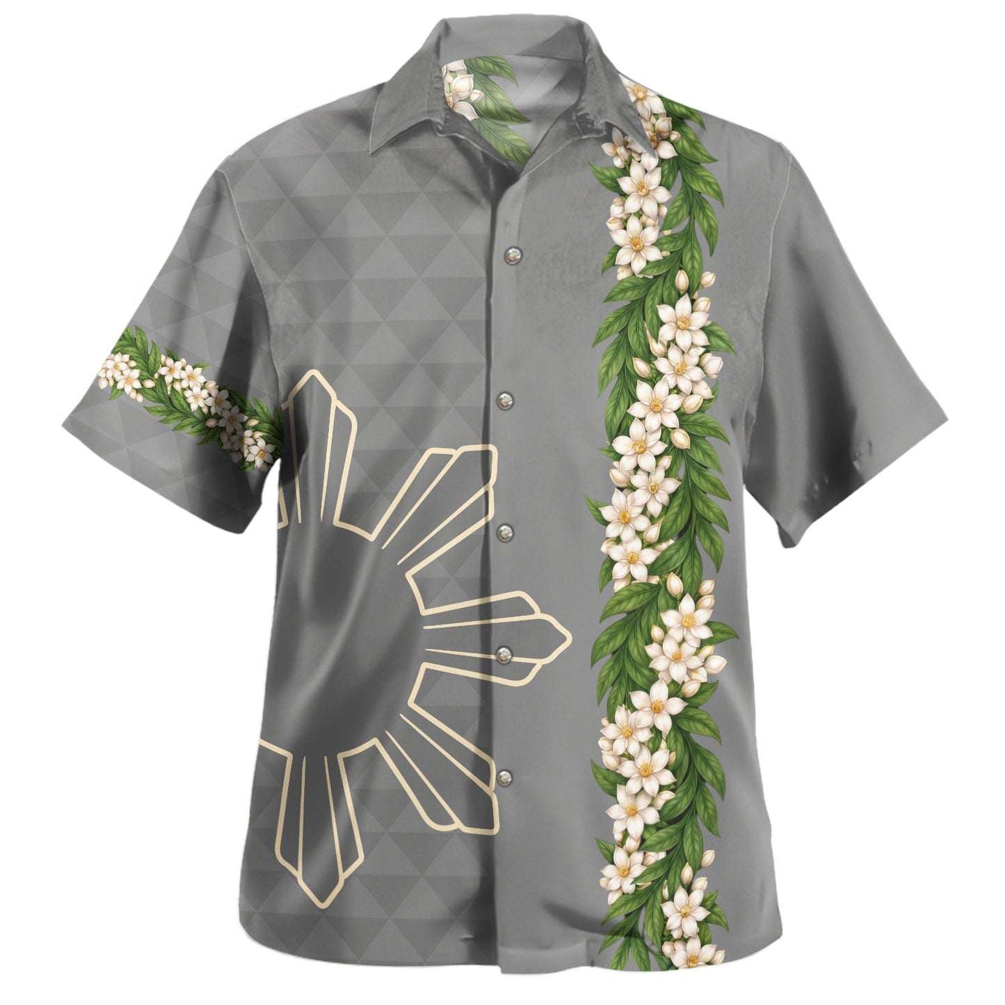 Philippines Filipinos Hawaiian Shirt Sampaguita Flower Sun Pattern Island Style Grey Hawaii Shirt