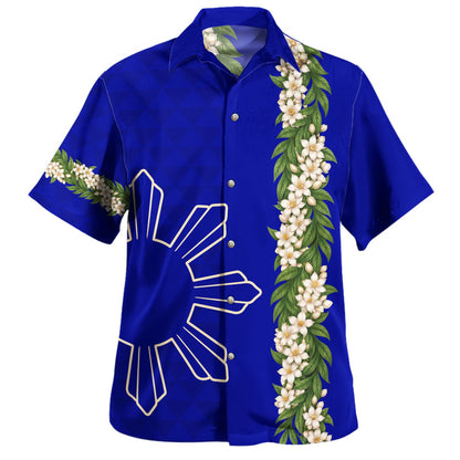 Philippines Filipinos Hawaiian Shirt Sampaguita Flower Sun Pattern Island Style Blue Hawaii Shirt
