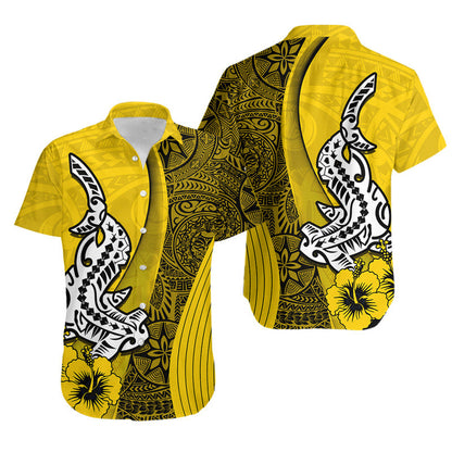 Matching Outfits For Couples Hawaiian Shark Polynesian Combo Dress And Shirt Vibe Yellow Style