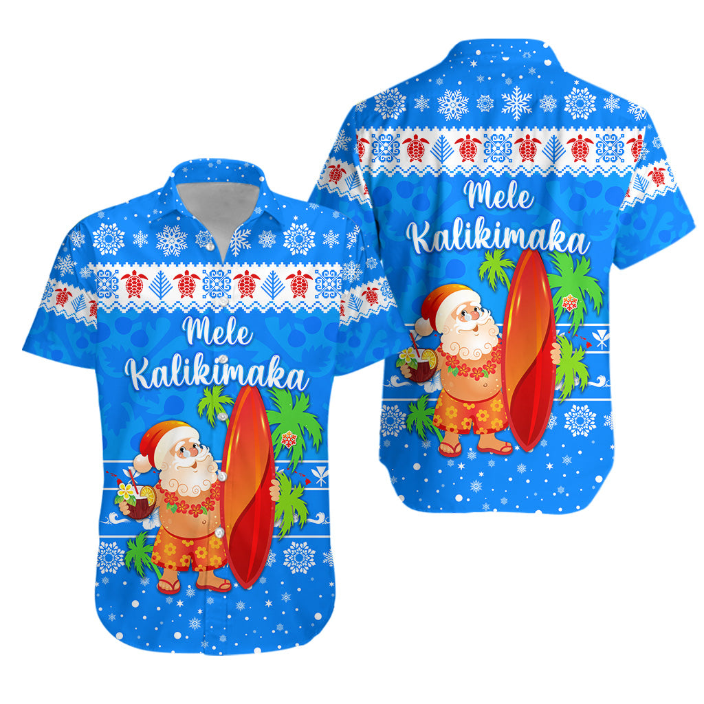 Hawaii Christmas Hawaiian Shirt Santa Claus Surfing Simple Style - Blue