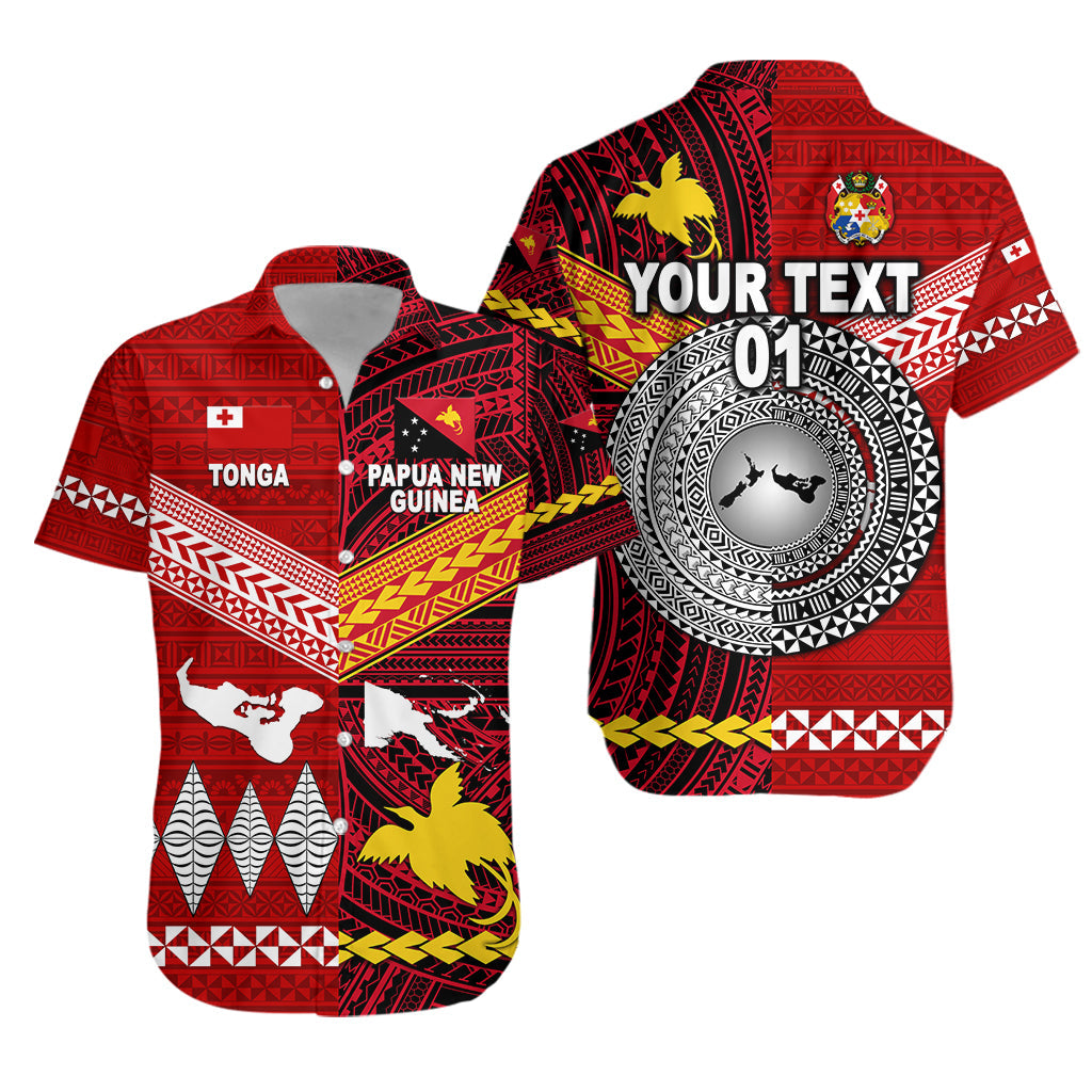 Custom Personalised Papua New Guinea And Tonga Hawaiian Shirt Polynesian Together - Bright Red, Custom Text And Number