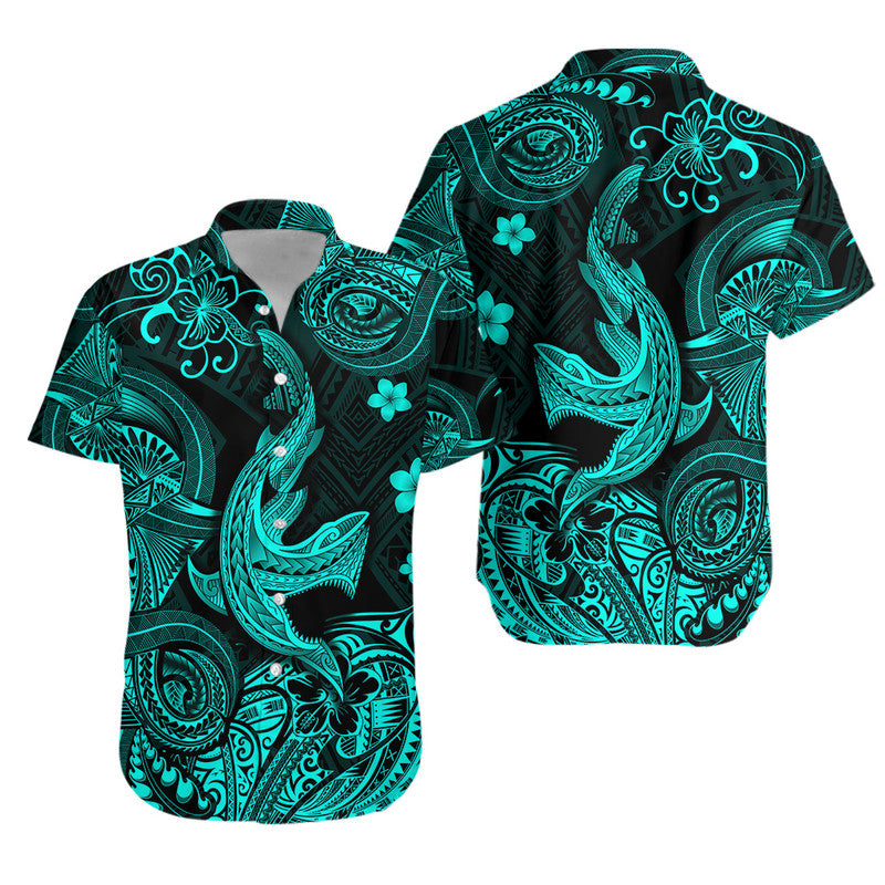 Hawaii Angry Shark Polynesian Combo Dress and Hawaiian Shirt Matching Couples Outfit Unique Style Turquoise