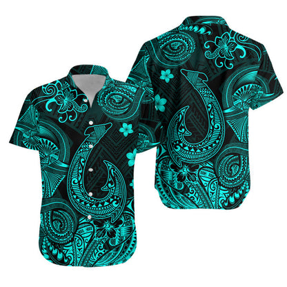 Hawaii Fish Hook Polynesian Combo Dress and Hawaiian Shirt Matching Couples Outfit Unique Style Turquoise