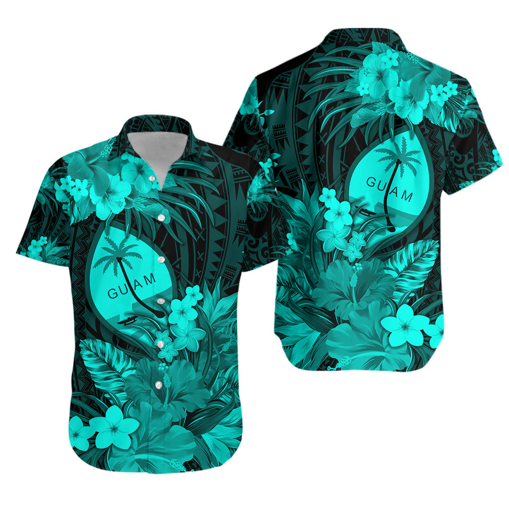 Guam Polynesian Hawaiian Shirt Tropical Flowers - Turquoise