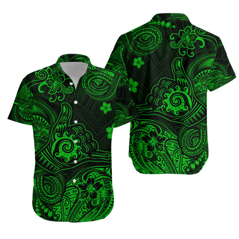 Hawaii Shaka Polynesian Combo Dress and Hawaiian Shirt Matching Couples Outfit Unique Style Green