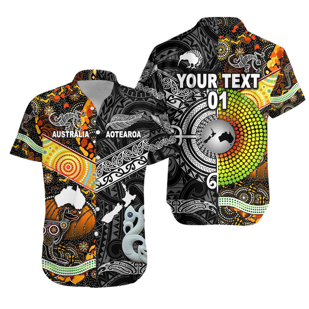 Custom Personalised New Zealand Maori Aotearoa And Australia Aboriginal Hawaiian Shirt Together - Black, Custom Text And Number