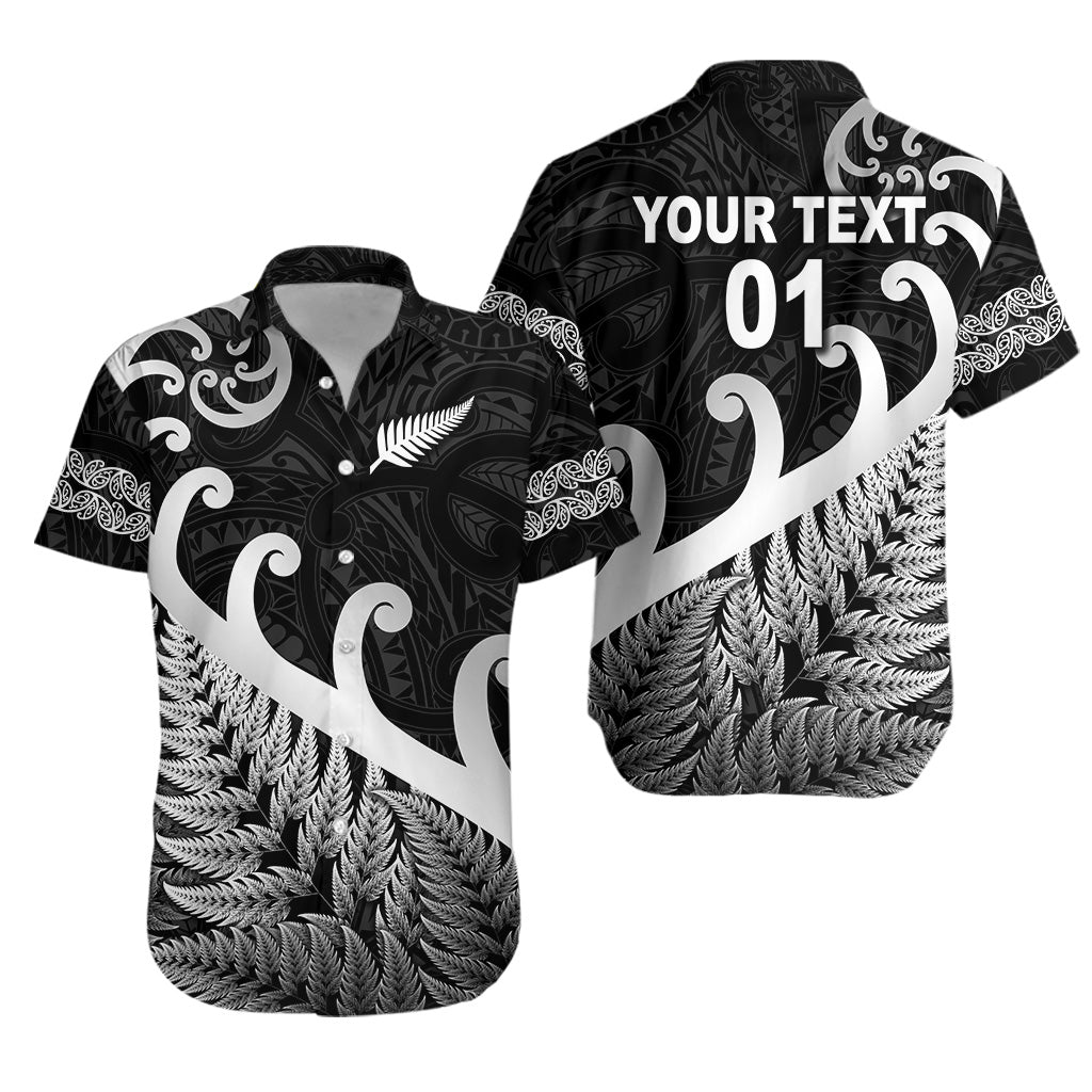 Custom Personalised New Zealand Rugby Maori Hawaiian Shirt Silver Fern Koru Vibes - Black