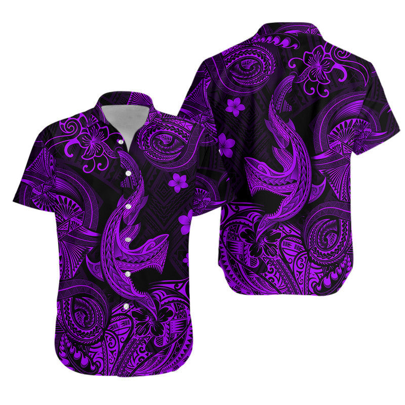 Hawaii Angry Shark Polynesian Combo Dress and Hawaiian Shirt Matching Couples Outfit Unique Style Purple