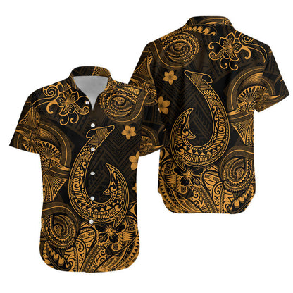 Hawaii Fish Hook Polynesian Combo Dress and Hawaiian Shirt Matching Couples Outfit Unique Style Gold