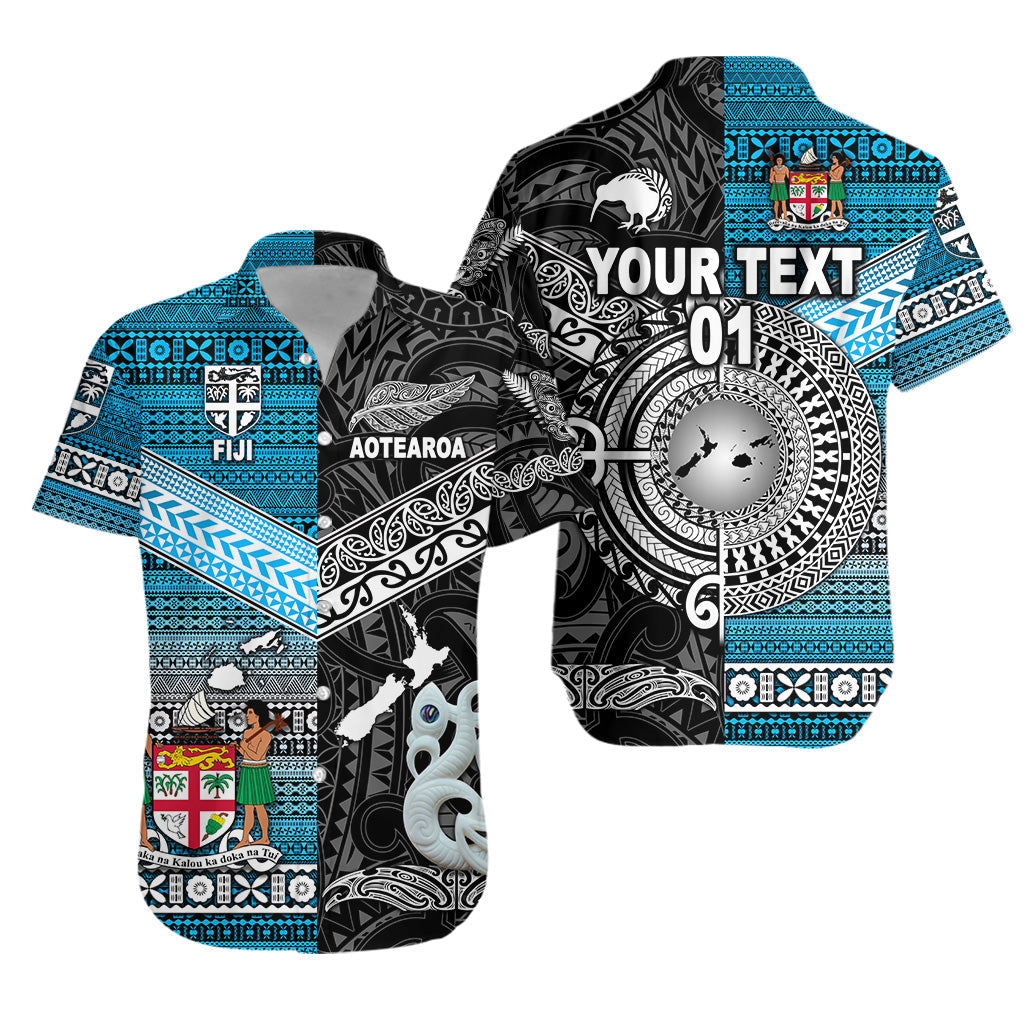 Custom Personalised New Zealand Maori Aotearoa Fiji Tapa Together Hawaiian Shirt - Black, Custom Text And Number