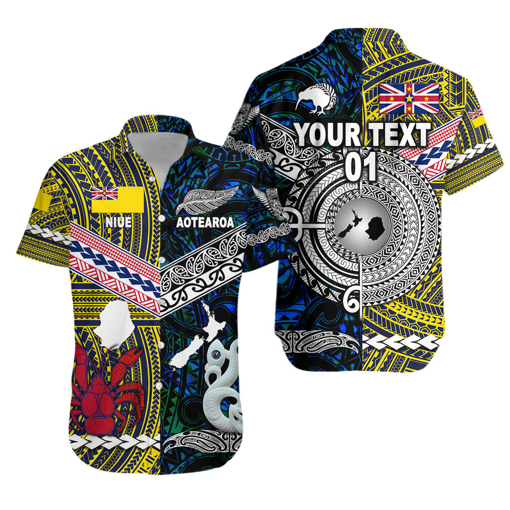 Custom Personalised New Zealand Maori Aotearoa And Niue Together Hawaiian Shirt - Blue, Custom Text And Number
