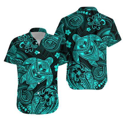Hawaii Turtle Polynesian Combo Dress and Hawaiian Shirt Matching Couples Outfit Plumeria Flower Unique Style Turquoise