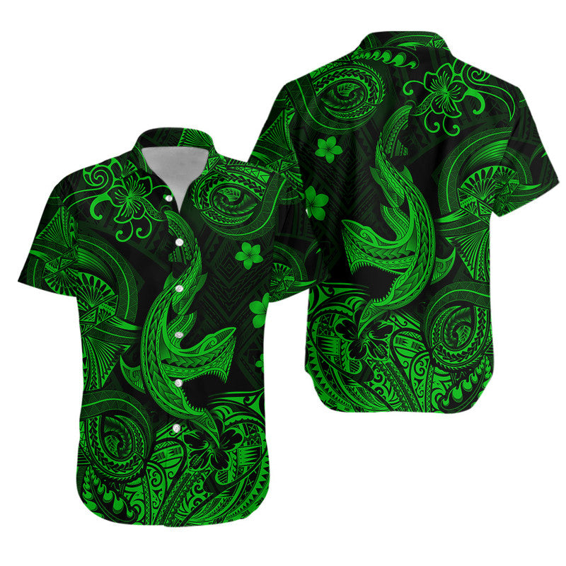 Hawaii Angry Shark Polynesian Combo Dress and Hawaiian Shirt Matching Couples Outfit Unique Style Green